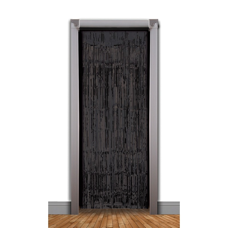 2x stuks zwarte party folie slierten deurgordijnen 240 x 49 cm