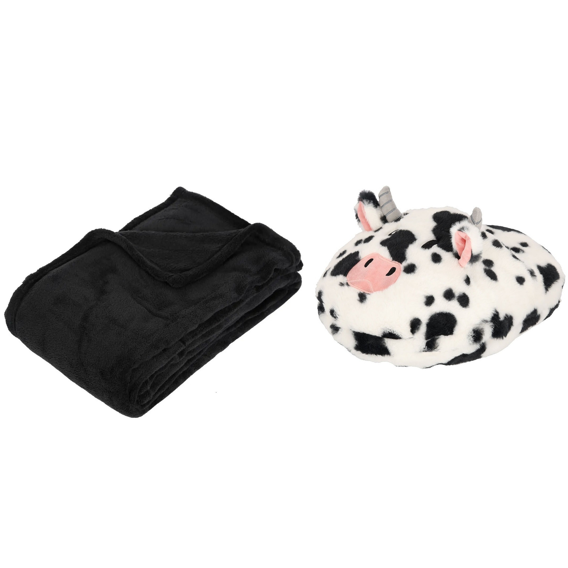 Fleece deken zwart 125 x 150 cm met voetenwarmer slof koe one size