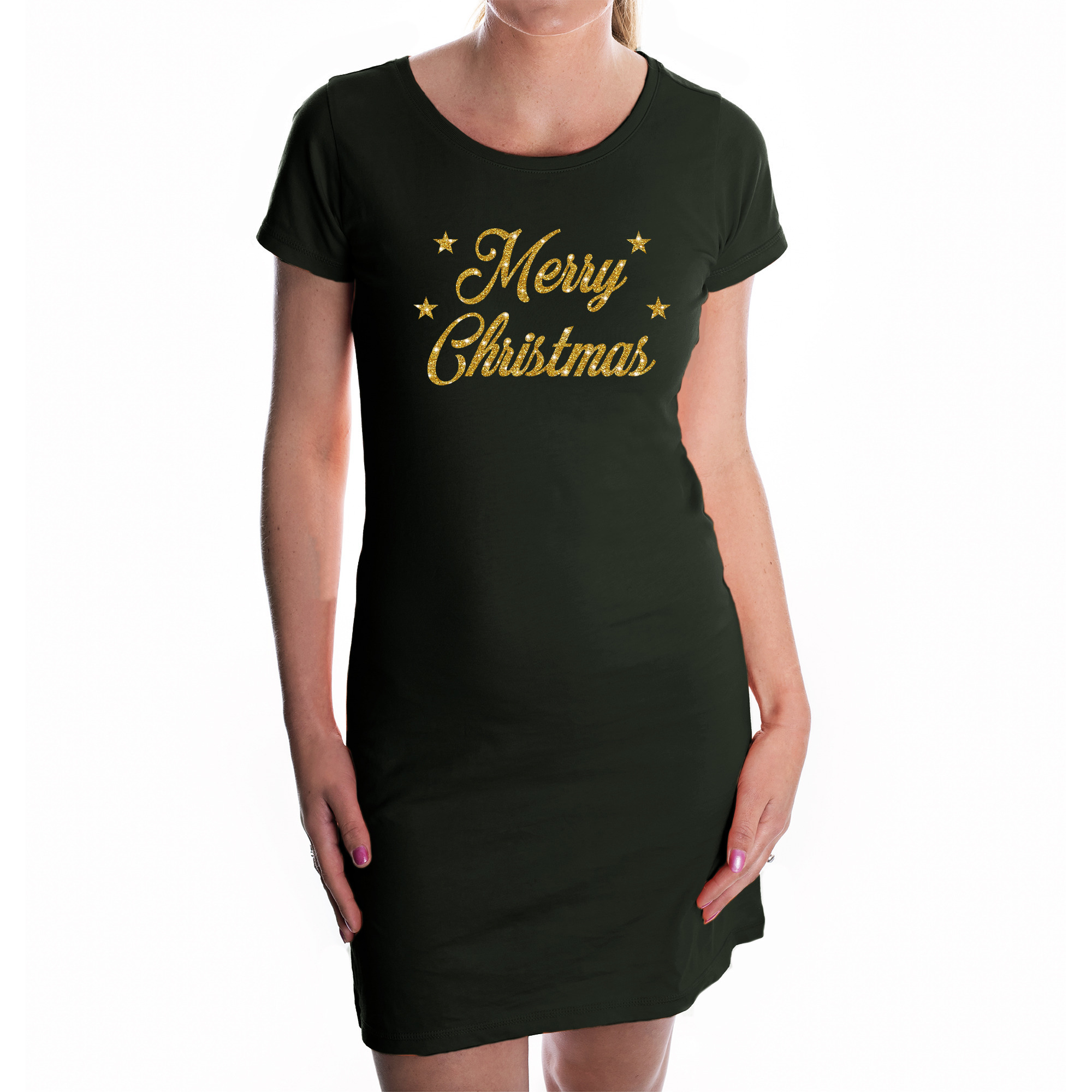 emmer boeket trechter Fout kerst jurkje Merry Christmas glitter goud op zwart voor dames - Kerst  kleding / outfit - Primodo warenhuis