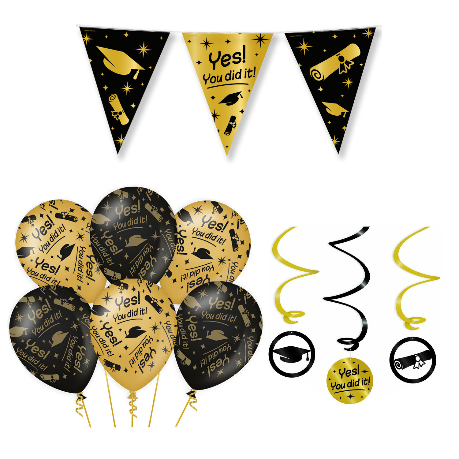Geslaagd thema party versiering set You did it - Vlaggenlijn/hang deco en 12x ballonnen