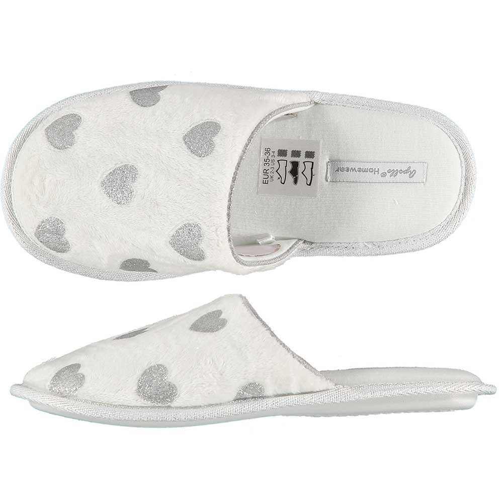 Meisjes instap slippers/pantoffels wit met zilveren hartjes maat 31-32