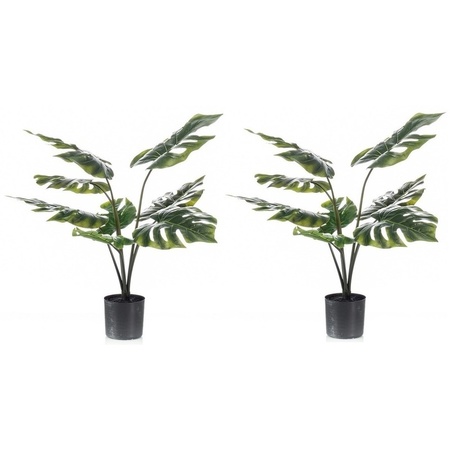 2x Groene Monstera/gatenplanten kunstplant 60 cm in zwarte pot