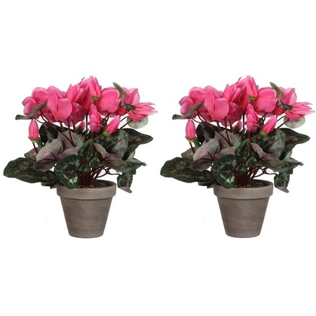 2x Roze cyclaam kunstplanten 30 cm in grijze pot