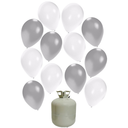 50x Helium balloons white/silver 27 cm + helium tank/cilinder