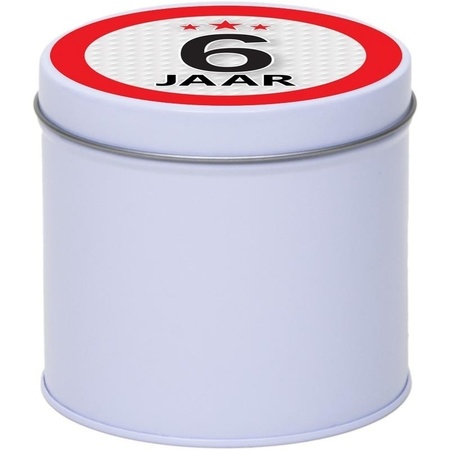 Gift white round storage tin 6 years 10 cm