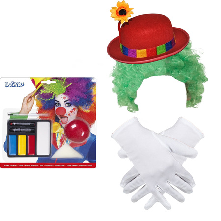 Clown verkleed set volwassenen - Pruik/schmink/handschoenen/hoed