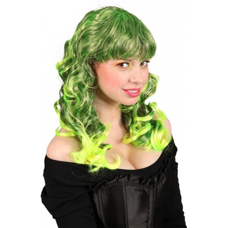 Bright green wig with curls and fringe
