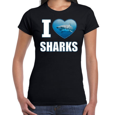 I love sharks t-shirt met dieren foto van een haai zwart voor dames