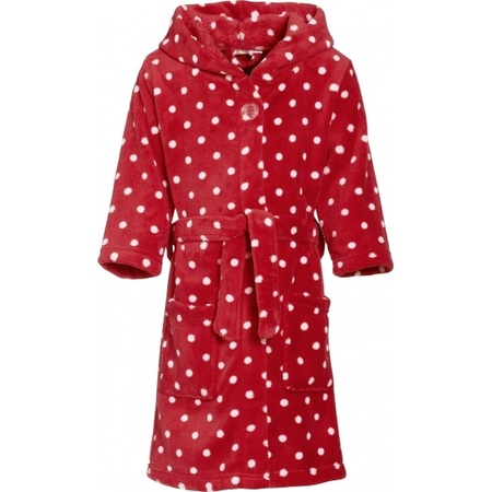 Rode badjas/ochtendjas met witte stippen print voor kinderen.